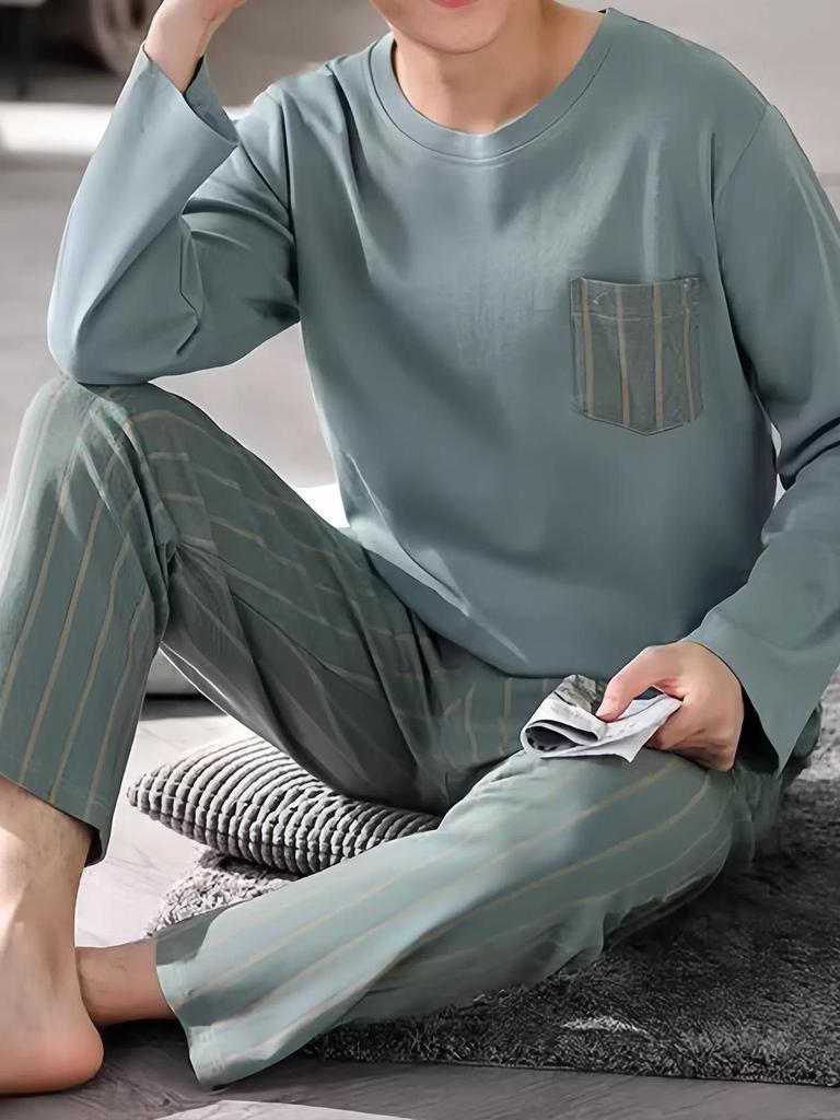 Men's Loose-Fit Pure Cotton Pajama Set: Long Sleeve Cardigan & Pants for Spring/Autumn