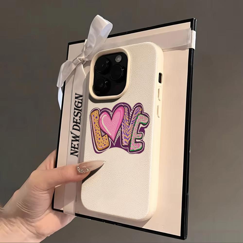 Minimal Litchi Grain Love Typography Art Phone Case For iPhone 17 16 15 14 13 12 11 Pro Max Plus 17 Air XS X XR Soft Cover