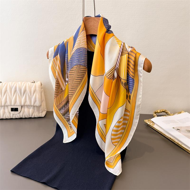 Fashion Luxury 70cm Square Silk Women's Scarf Geometry Printed Satin Scarves Daily Outfits Shawl Designer Headband Bandana