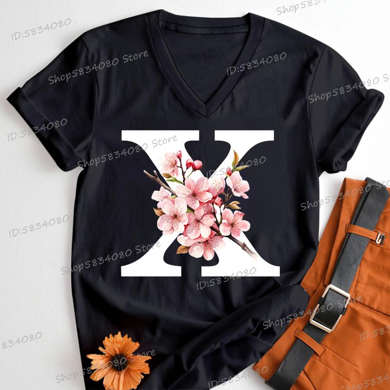 

Pink Sakura Alphabet Fashion Casual Tops Women Cherry Blossom Lover Vneck Short Sleeve Tshirt Letter L Floral Gift Clothing 4XL
