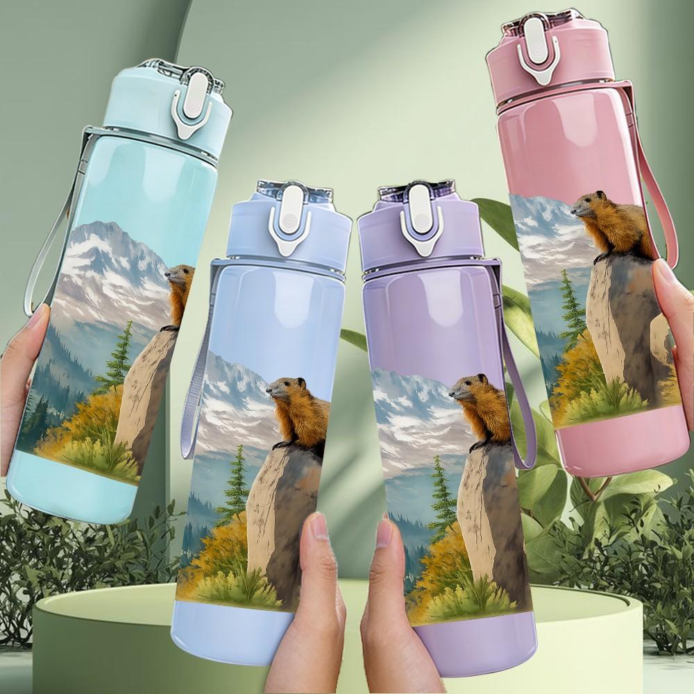 1PC Bear Mountain Peak Landscape Print 750ml Color Plastic Sports Water Bottle Leakproof Flip Straw Lid Suitable for Sports Office Home Use