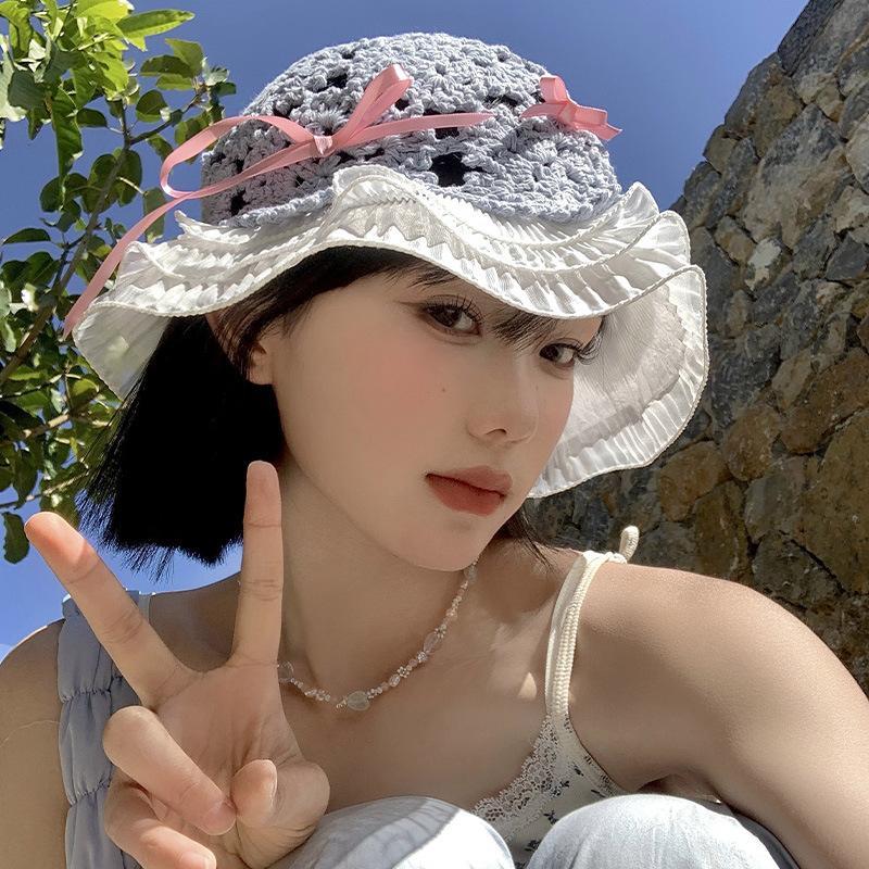 

Summer Wide Outdoor Brim Sun Hat For Women Adjustable Stylish Design Bow синий