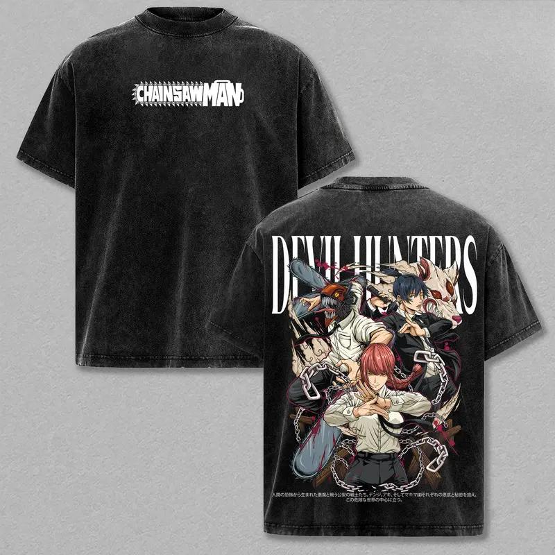 Makima Print T-shirt Anime Chainsaw Man Clothing Men Women Cotton Tshirts Retro Washed T Shirt Harajuku Unisex Oversized Tops