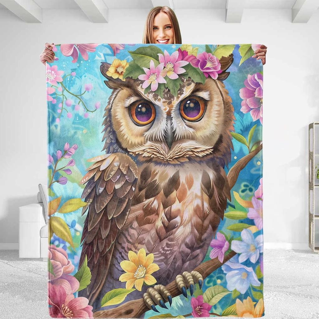 Owl blanket cosmic design blue gold pattern mystical art soft throw boho decor bedroom textile spiritual home accessory