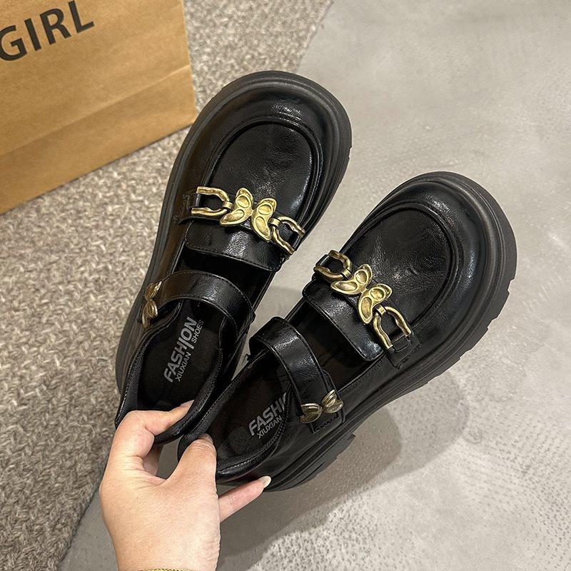 

British style butterfly platform Mary Jane single shoes women s new spring small leather shoes French black sweet cool 2025 metal 39 чёрный