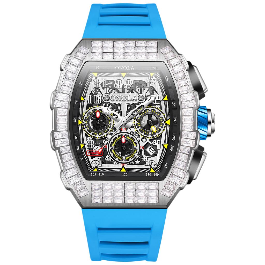 Men's Fashion Full Diamond Automatic Luminous Mechanical Watch Multi Functional Three Eye Calendar Dial Sports Watch