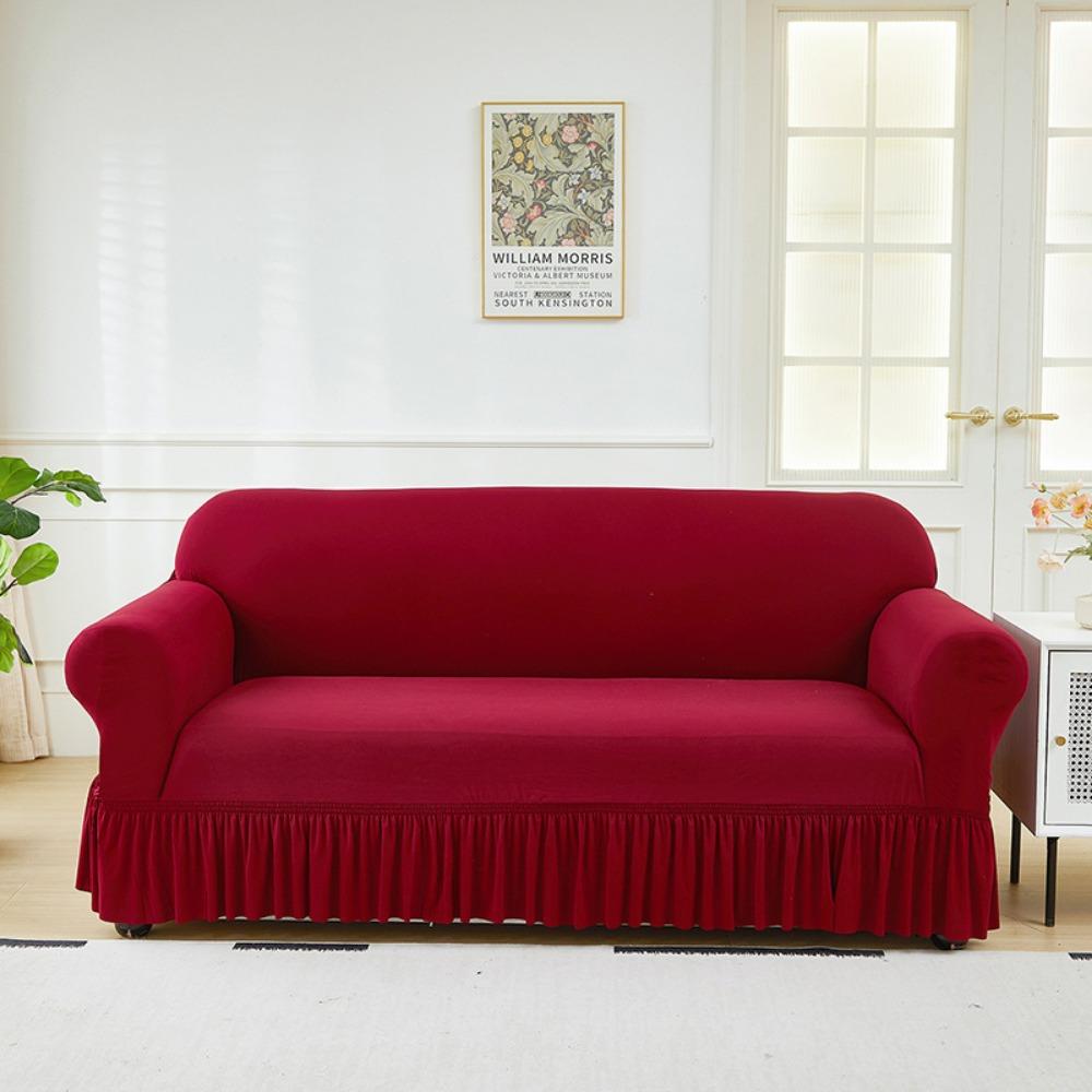 Elastic Solid Color Sofa Cover Full Protection Slip Resistant Minimalist Skirted Design