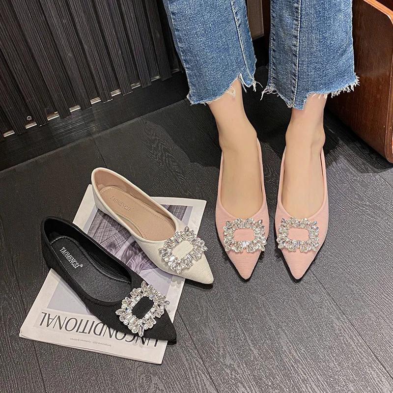 New Women Flat Shoes Beautiful Crystal Casual Pointed Toe Boat Shoes Slip-on Loafers