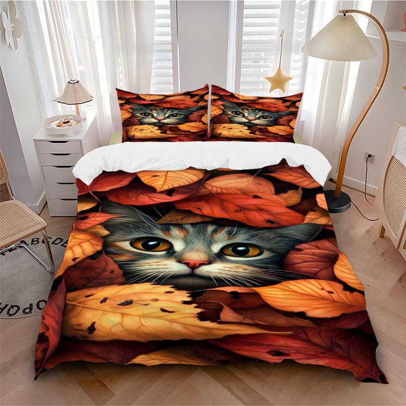3pcs Autumn Leaves Cat Duvet Cover Set - Includes 1 Duvet Cover and 2 Pillowcases, No Quilt Core, All-Season Home Decor yy251111039