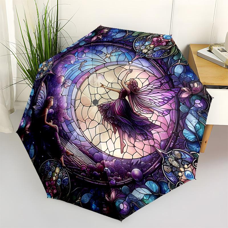 1pc Stained Glass Fairy Design Automatic Opening Folding Umbrella with 8-Bone Iron Frame, Suitable for Fans, Travel, Daily Use, Ideal Gift for Festiva