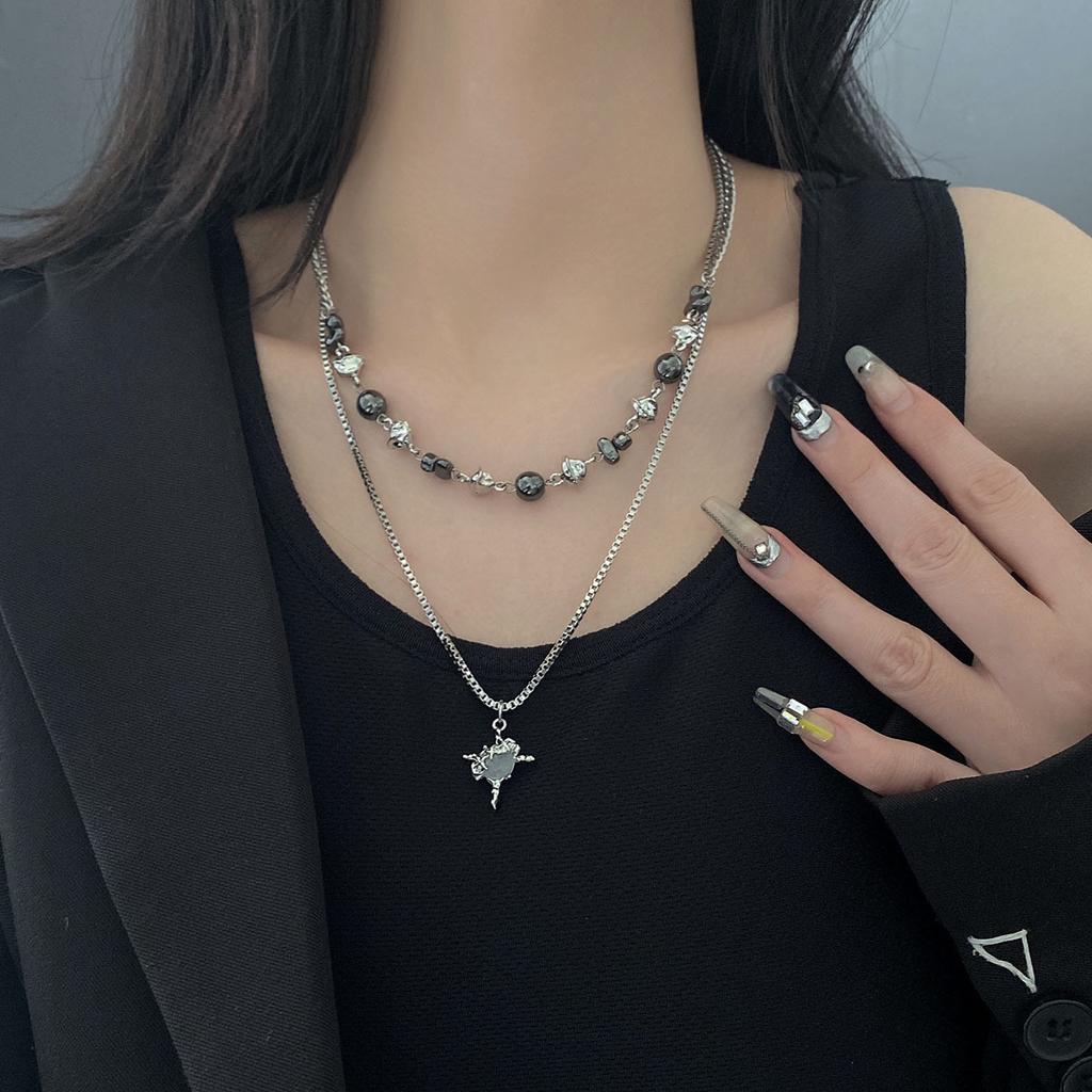 Autumn and winter double-layer blue gravel star light cross necklace female cold wind niche high-end stacked design sweater chain