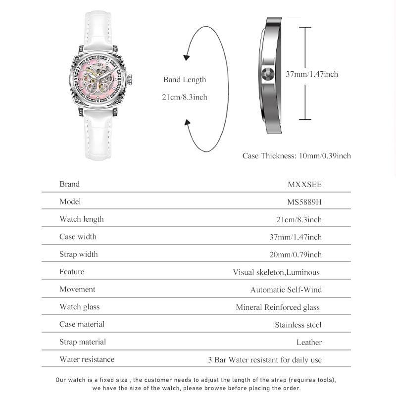 Automatic Mechanical Watch for Women Hollow‑Out Skeleton Dial Luminous Hands Watch Leather Band Waterproof