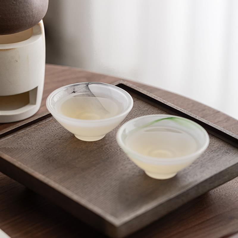 Chinese Ink Painting Glass Tea Cup Bamboo Hat Shape Gongfu Teaware Set with Gift Box for Home Ceremony Collection