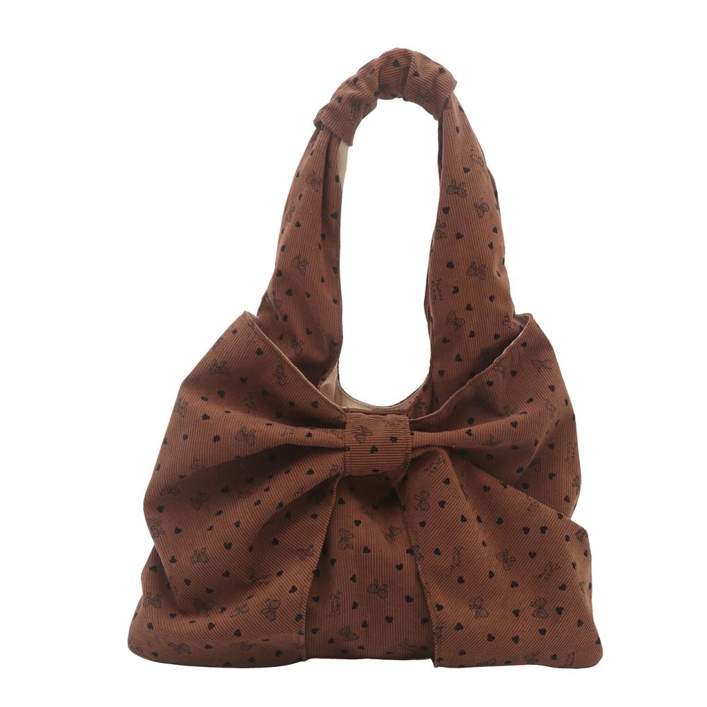 Corduroy Shoulder Bag Girly Dumpling Tote Bag Bow Print Bag Soft For Shopping Decorative Matching Piece Daily Commuting
