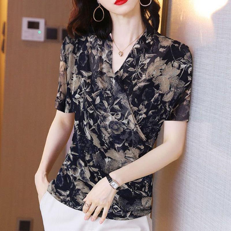 Summer Vintage Floral Printed Shirt Women's Clothing Commute V-Neck Slim All-match Casual Spliced Stylish Short Sleeve Blouse
