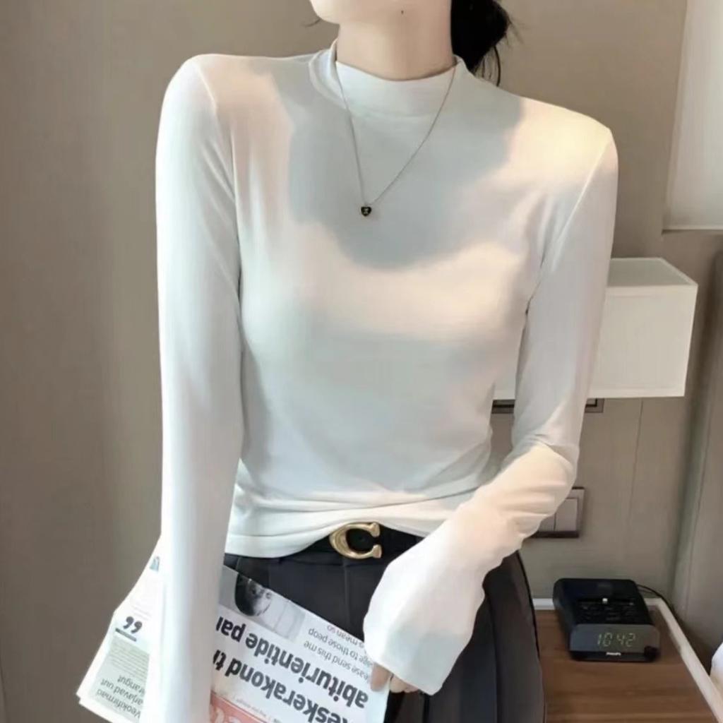 Women's Autumn and Winter Half-High Neck Double-Sided German Fleece Base Layer Top Elastic Slim Fit Inner Wear Solid Color Brushed Thickened Top