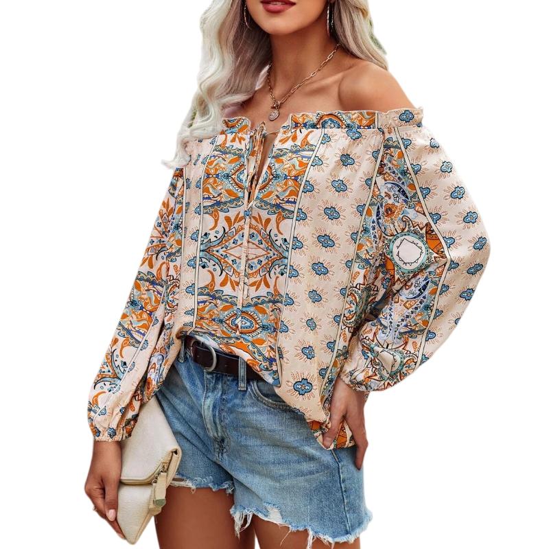 

2023 летняя новая женская рубашка с открытыми плечами и длинными рукавами в богемном стиле с цветочным принтом XL бежевый