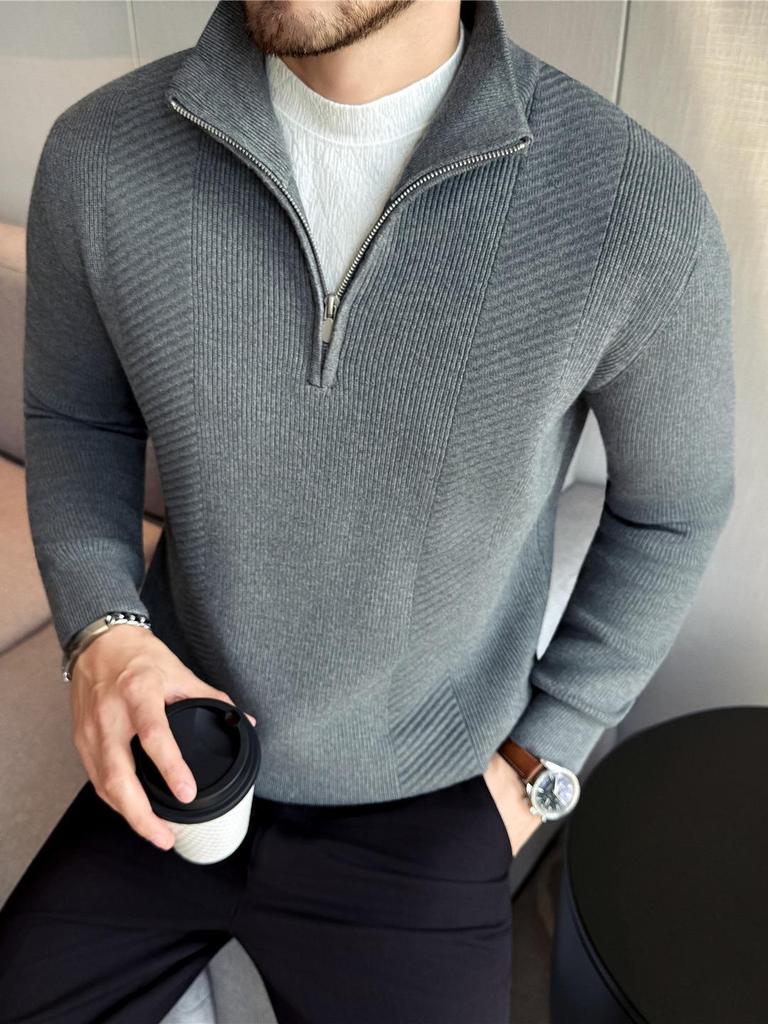 Men's Striped Knitwear Long Sleeve Half-Zip Sweater - White Warm Autumn/Winter Collection