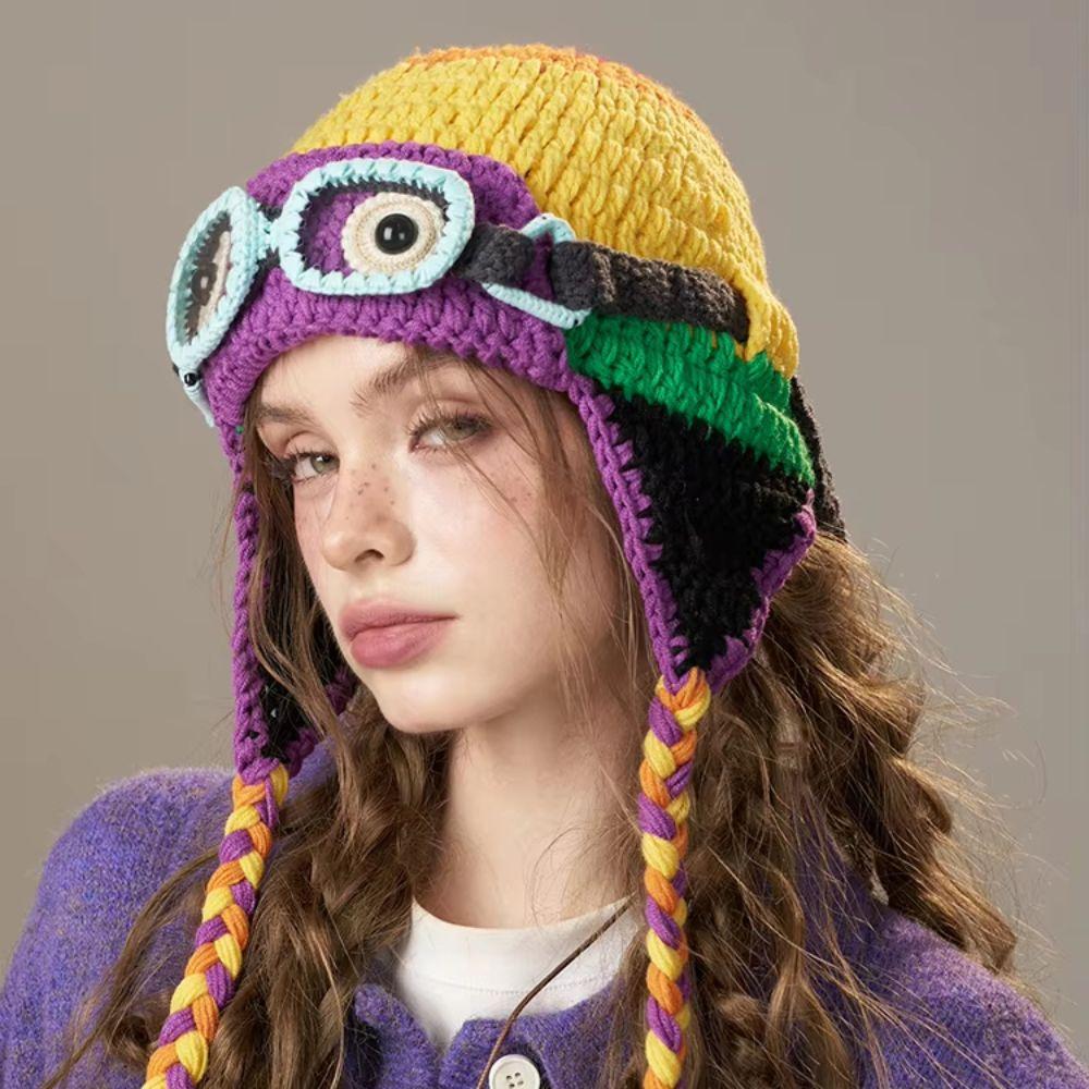 Windproof Knitted Beanie Crocheted Earflap Cap Casual Winter Pilot Hat With Goggles  Cycling