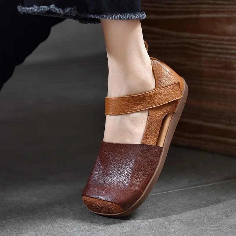 Johnature Retro Genuine Leather Sandals For Women's Mixed Colors Square Toe Soft Sole Flat Shoes