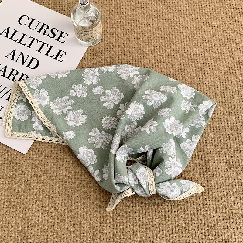 Headscarf Summer women's pastoral floral cotton and linen small square scarf small fresh high-grade lace headband silk scarf scarf