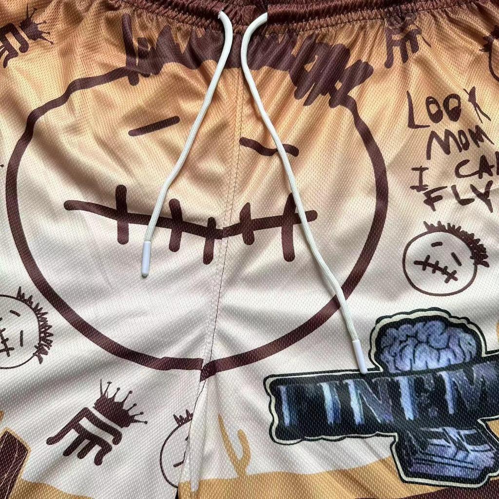 Gender-Neutral American Graffiti Post-Apocalyptic Quick-Dry Mesh Shorts: Trendy, Loose-Fit, Above-Knee, Plus-Size Basketball Style.