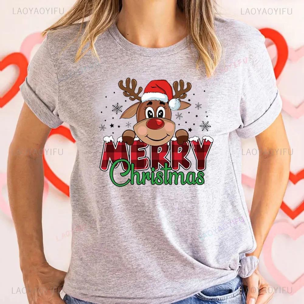 Merry Christmas Moose Graphics T-shirt Women Christmas Shirts Funny Christma Tops Fashion Harajuku Kawaii T-shirt Y2K Clothing