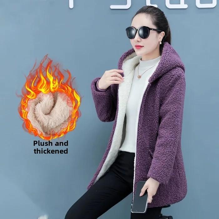 Women Loose Fleece Lined Thickened Slimming Cardigan Particle Velvet Medium Length Outerwear