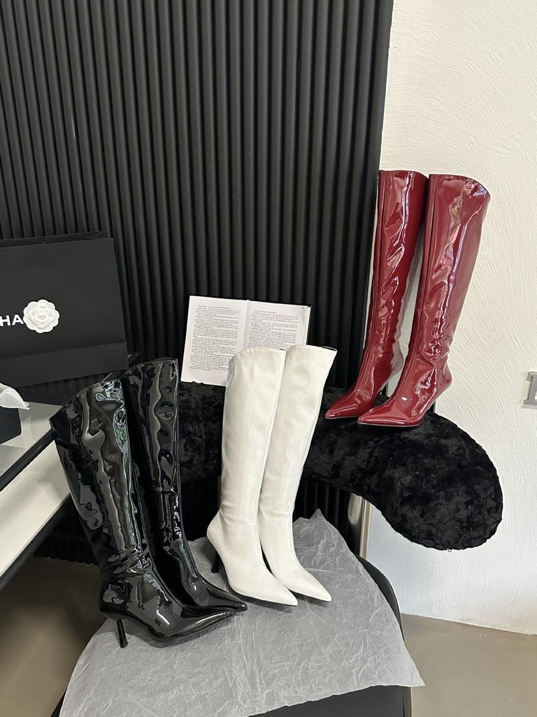 European and American Pointed-toed Piled Boots Patent Leather Boots Women's High Boots High-heeled Boots