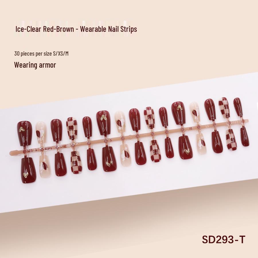 30-Piece Blinking Striped Heart Wearable Nails - Nude Stripe Nail Art in Various Sizes