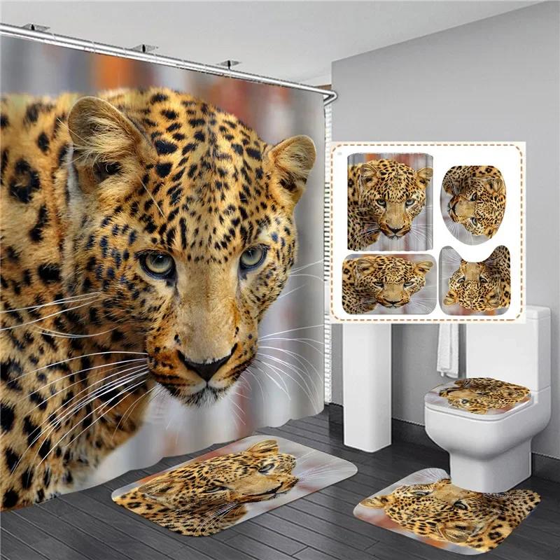 Black Tiger Animals Printed Shower Curtain Set Bathroom Bathing Screen Anti-Slip Toilet Lid Cover Carpet Rugs Kitchen Home Decor