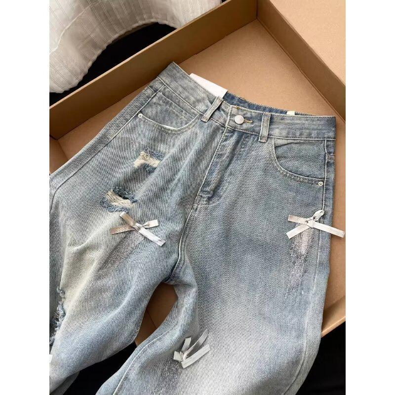 

American Retro Holey Jeans - Women s Nostalgic Worn-Out Straight Pants, Light Blue, Spring/Autumn Collection Extra Large светло-синий