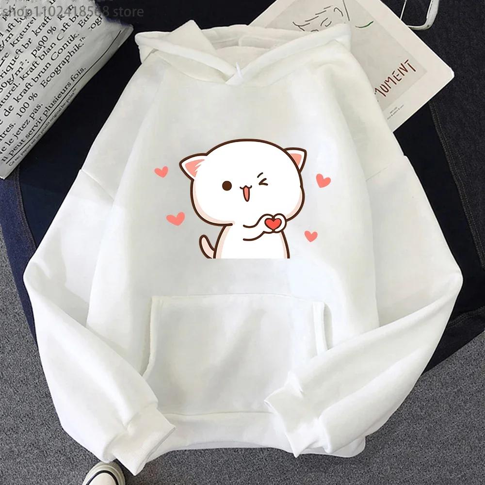 Women Hoodies Kawaii Peach Cat Cartoon Print Sweatshirt Mochi Heart Love Winter Cartoon Sudadera Clothing