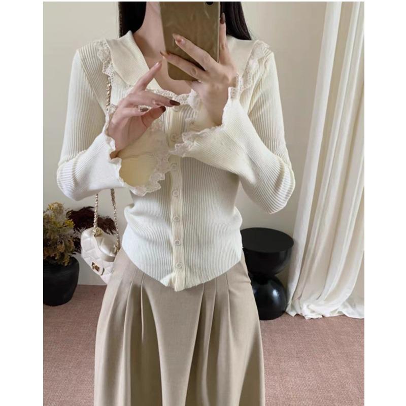 

Женский кардиган с длинным рукавом на осень 2025 года, повседневный трикотажный топ с V-образным вырезом, осенний облегающий свитер в корейском стиле, элегантная трикотажная одежда однотонной расцветки с кружевом one size