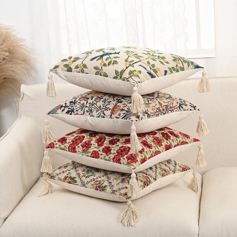 2pc Farmhouse Embroidery Throw Pillow Cover Ethnic Jacquard Cotton Linen for Sofa Couch Rustic Decorative Pillowcase Case