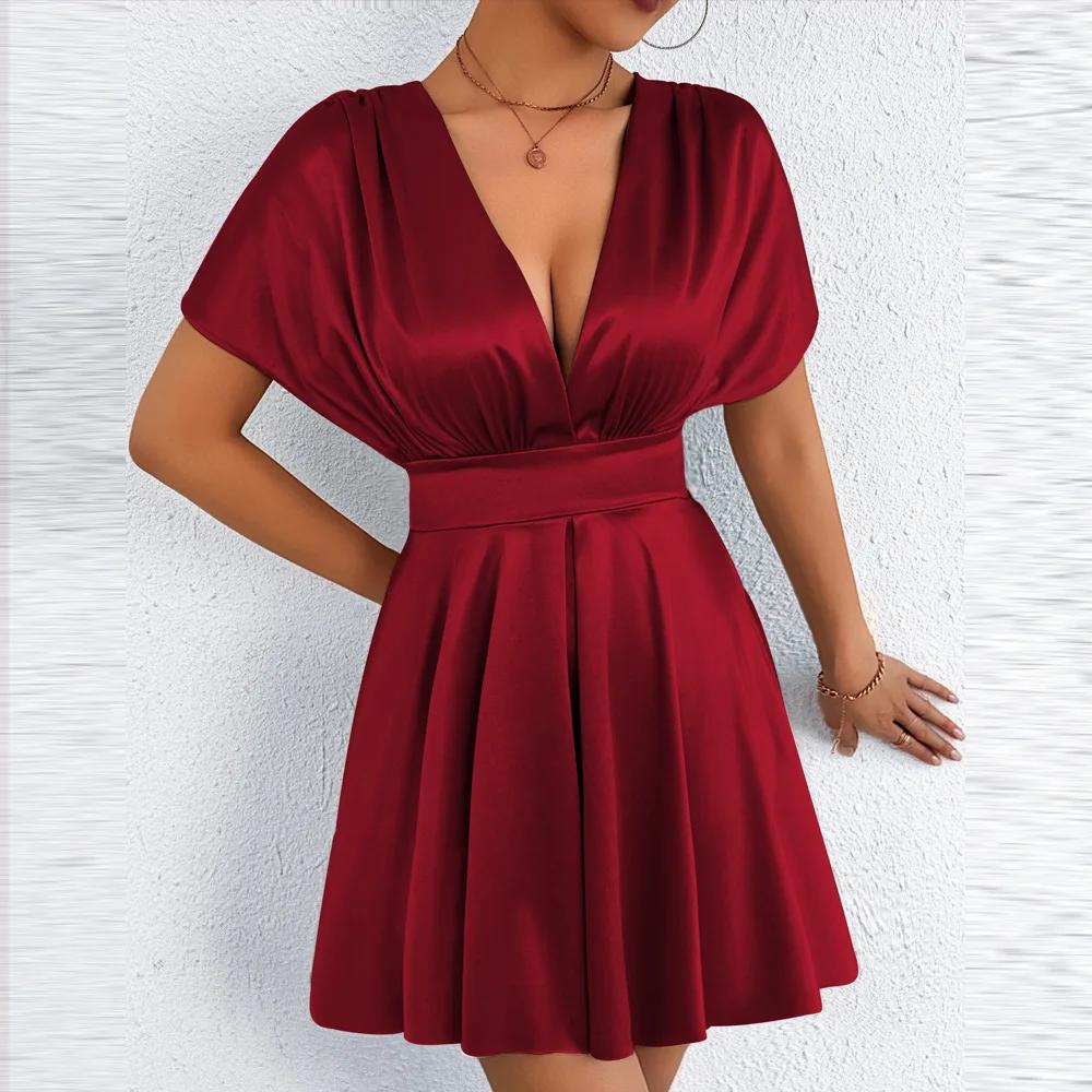 Low Cut V Neck Sexy Fashionable Dress Elegant Waist Cinched Summer New Arrival Women's Clothing Short Sleeveless Dress