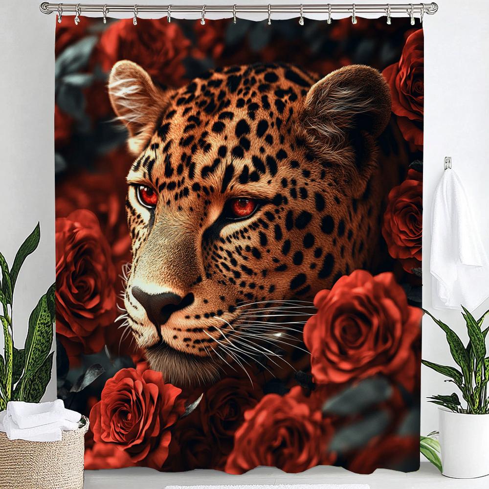 Tenda da Doccia con Leopardo e Alberi, Tenda Decorativa da Bagno Animale Leopardo Rosa, Tenda per la Casa in Tessuto Stampato con Ganci