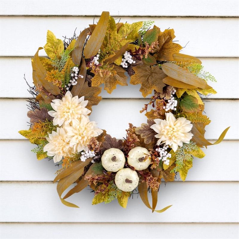 Artificial Wreath with Pumpkins , Autumn Wreath Harvest Day Wreath for Front Door Garden Thanksgiving Holiday Decoration