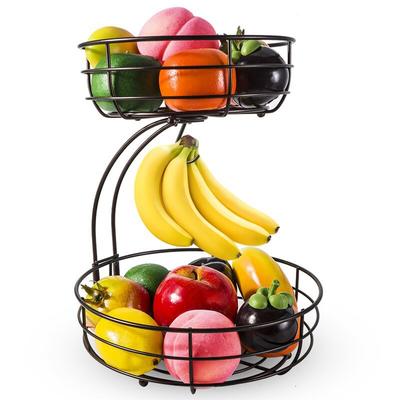 Ciotola Cesto Portafrutta da Tavolo a 2 Ripiani Leeseph, Cesto Portafrutta con Gancio Porta Banana, Supporto Portafrutta in Filo di Metallo, Organizzatore Portaoggetti