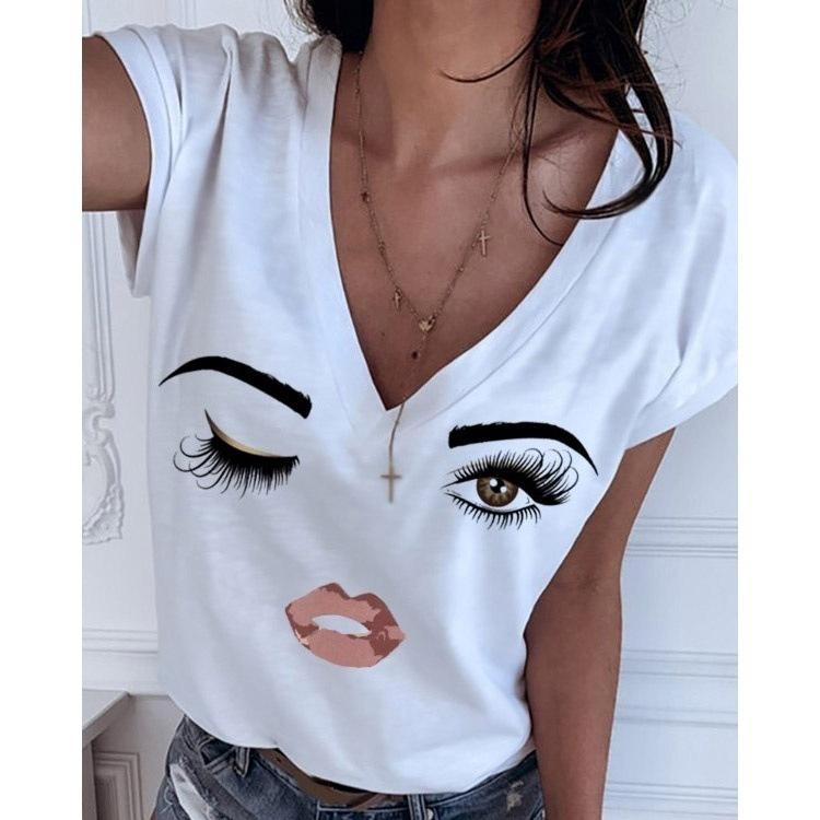 Women Causal Short Sleeve Eye Lip Print Graphic Tee Shirts Plus Size V Neck Plus Size Tshirts Tops Fashion Cute Funny Blouse Shirts