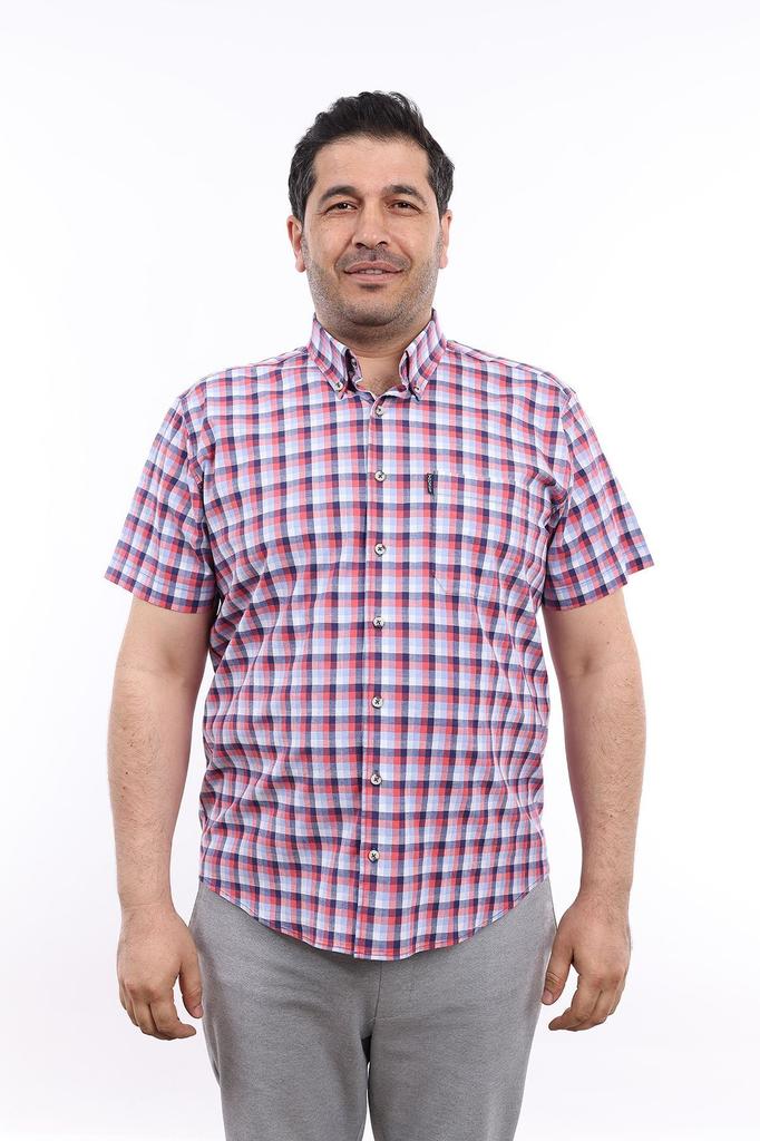 Men's Plus Size Plus Size Shirt Men's Plus Size Navy Blue-Brick Plaid Lycra Button Collar Short Sleeve Shirt