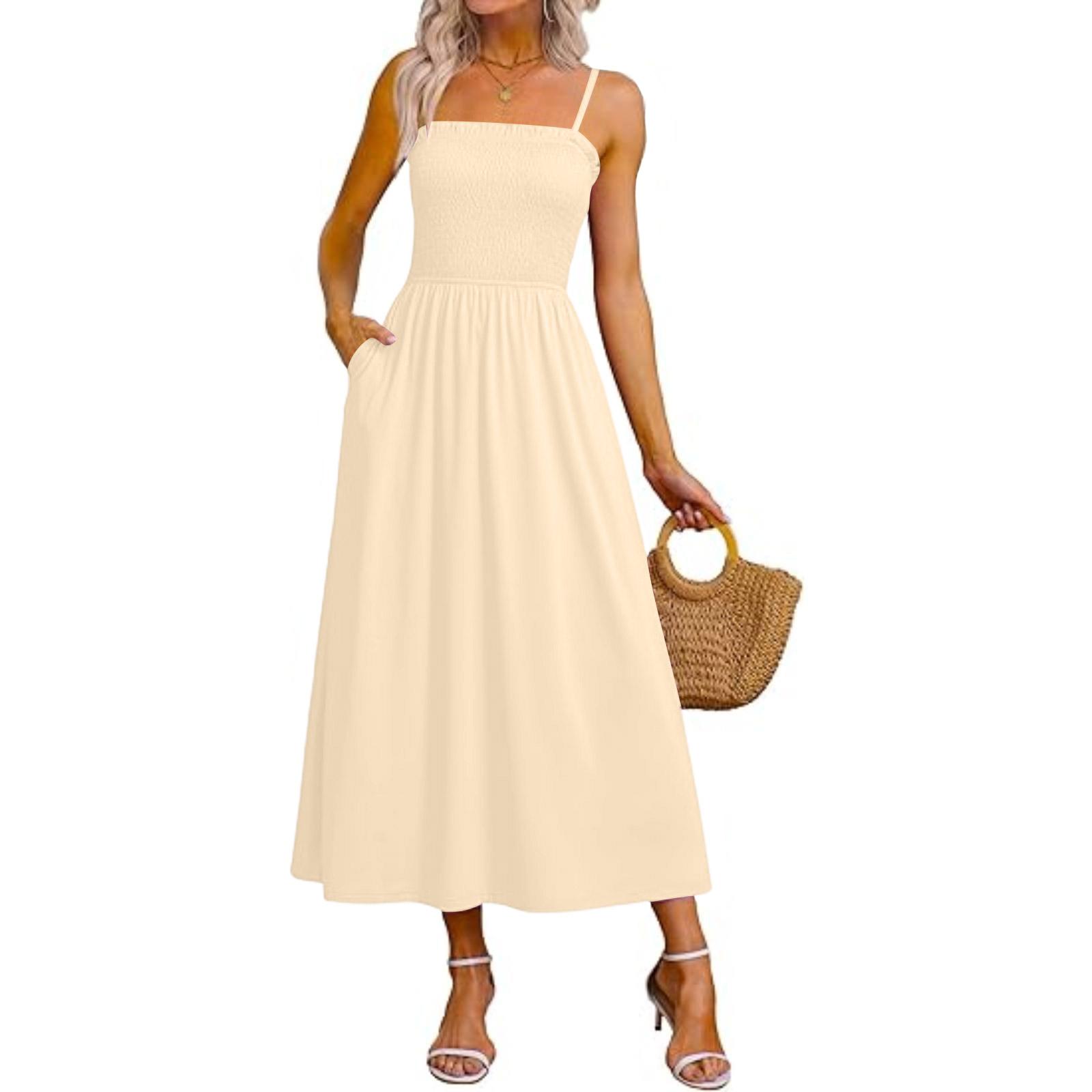 Women s Fashionable Casual -Color Spaghetti-Strap Beach Dress With Pockets S бежевый