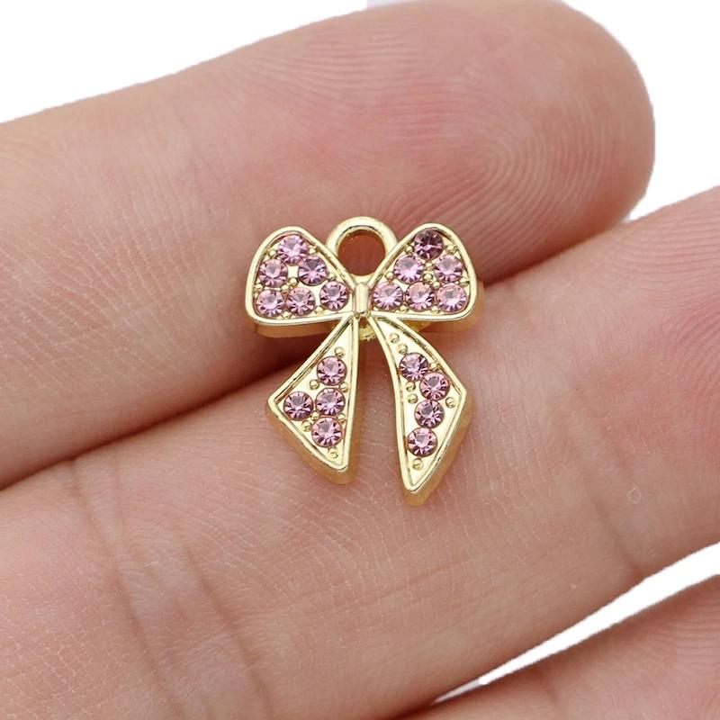 10Pcs Gold Plated Crystal Christmas Bow Charm Pendant For Jewelry Making Earrings Bracelet Necklace Accessories Diy Findings