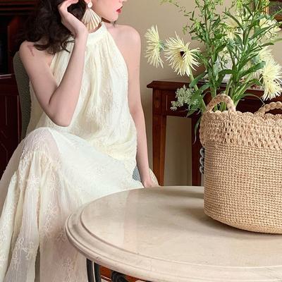 Vintage Summer Sleeveless Hanging Neck Lace Embroidered Halter Dresses