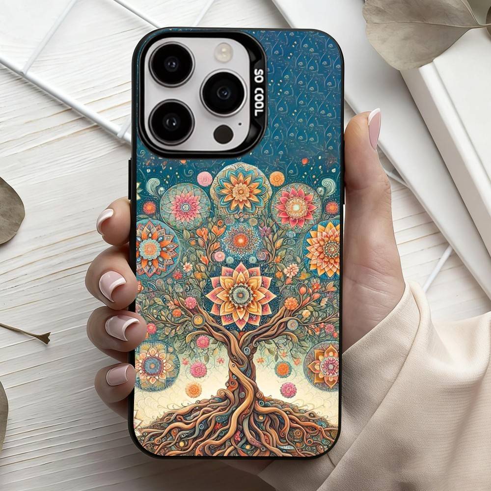 W-World L-Life Tree Mobile Phone Case For iPhone17,16,15,14,13,12,11 Plus,Pro Max Black Candy Silver Plated Cover