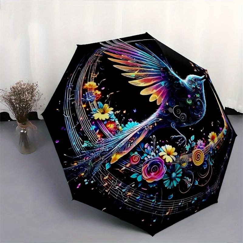 1pc Colorful Bird Amidst Musical Notes and Flowers Automatic Folding Umbrella - 3 Folding Design, Vivid Cartoon Pattern, Suitable for Outdoor Activiti