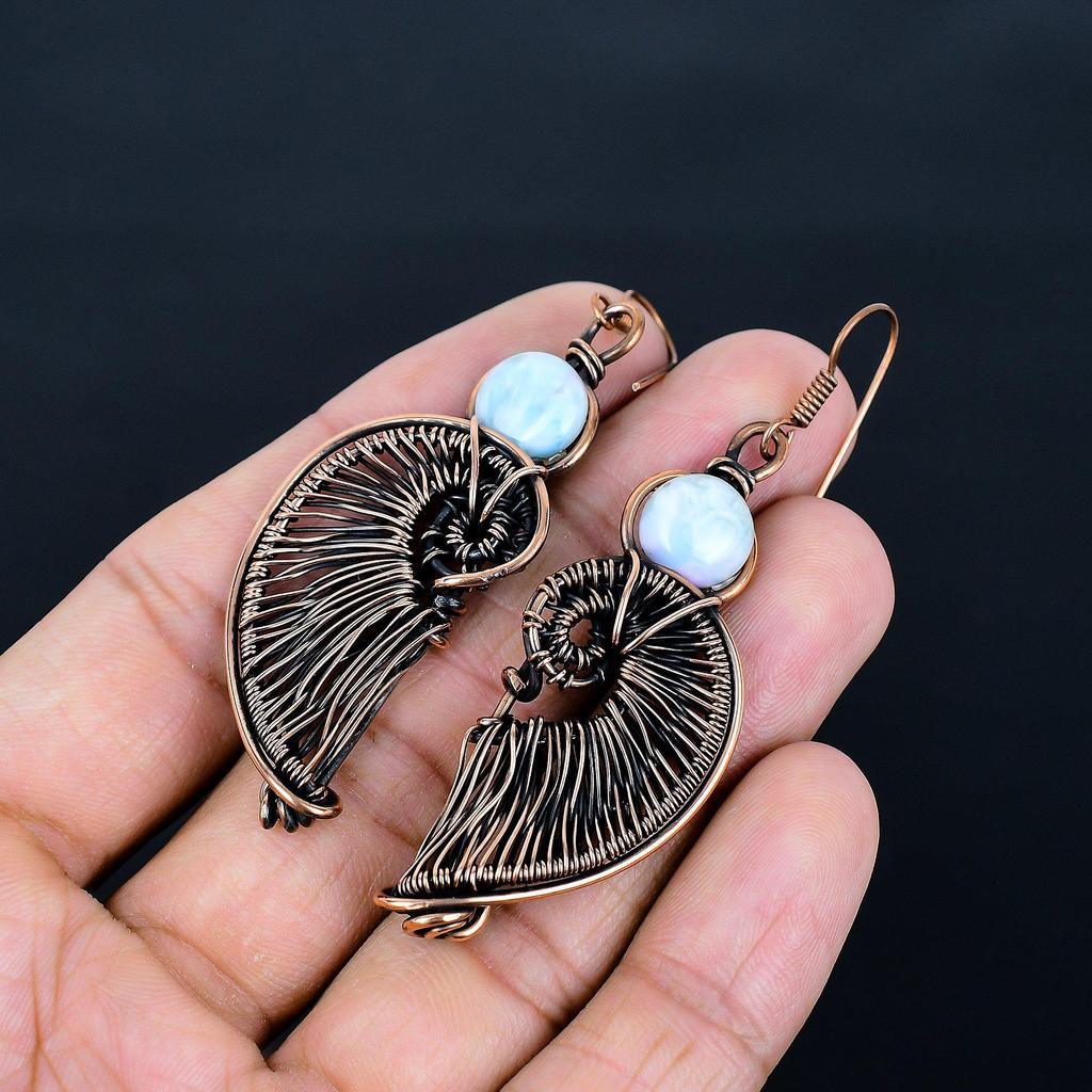 Larimar Earrings, 999 Copper Wire Wrapped  Jewelry, Gemstone Earrings, Gift For Her Handmade Dainty Jewelry