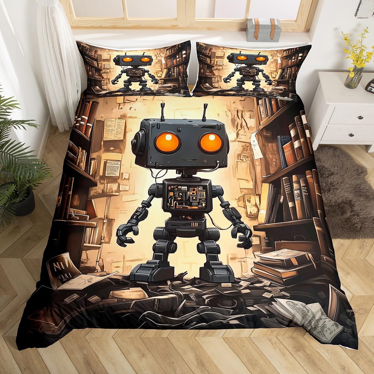 

Cartoon Robot Duvet Cover Watercolor Screw Tools Bedding Set Modern Sci-Fi Robot Comforter Cover for Kids Polyester Quilt Cover EU Single(135x200cm)