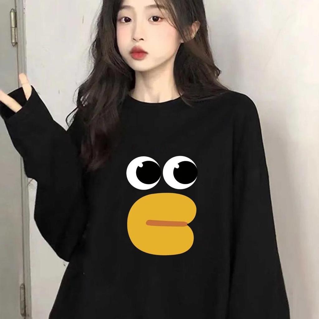 Trendig T-shirt med lång ärm och rund hals för kvinnor i ren bomull - Chic tecknad design, avslappnad lös passform för vår och höst 2025