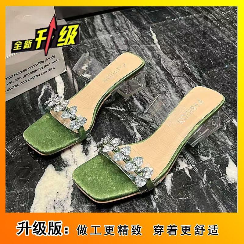 2025 summer new wear transparent word with thick heel sandals fashion fairy style high sense rhinestone slippers woman